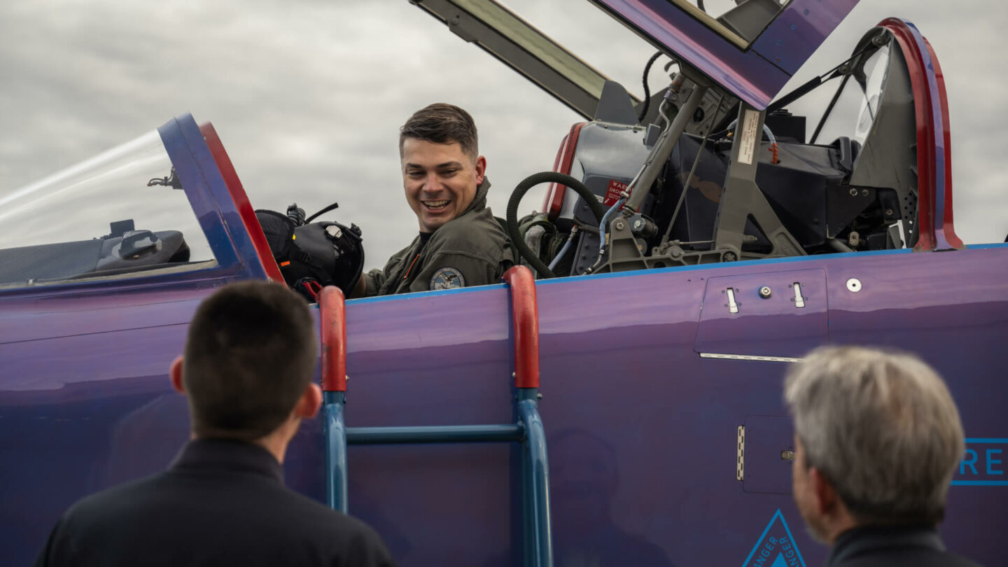 Tristan 'Geppetto' Brandenburg sitting in XB-1's purple T-85 chase plane, Princess, while preparing for flight.